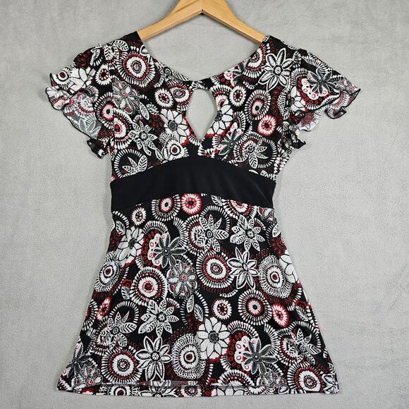 Wrapper Tops - Vtg Y2K Wrapper Babydoll Blouse Womens Small Floral Black White Red Tie Back